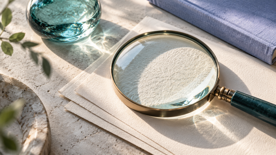 Editorial still life of a magnifying glass over paper, representing careful review of research evidence.