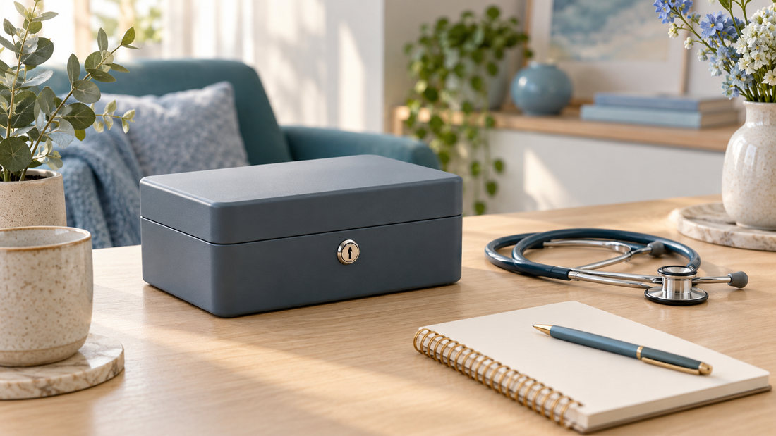 Editorial illustration of a locked storage box and stethoscope, representing medication safety and clinical monitoring.