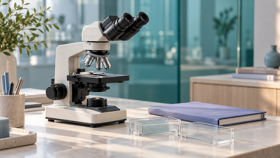 Editorial illustration of a microscope and notebook, representing medical research.