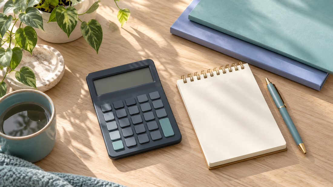 Editorial still life of a calculator, notebook and folders for comparing treatment costs.