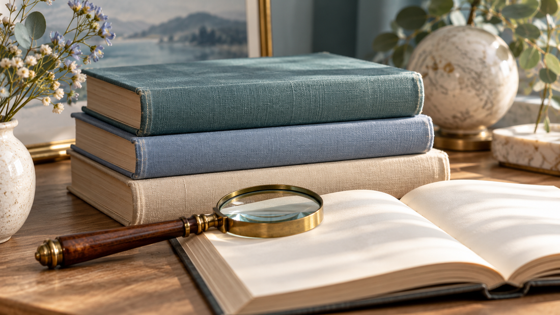 Editorial illustration of reference books and a magnifying glass, representing the history of medical research.