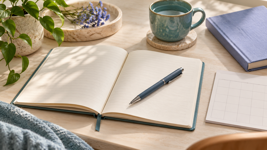 Editorial illustration of a journal and blank calendar for tracking symptoms and follow-up questions.