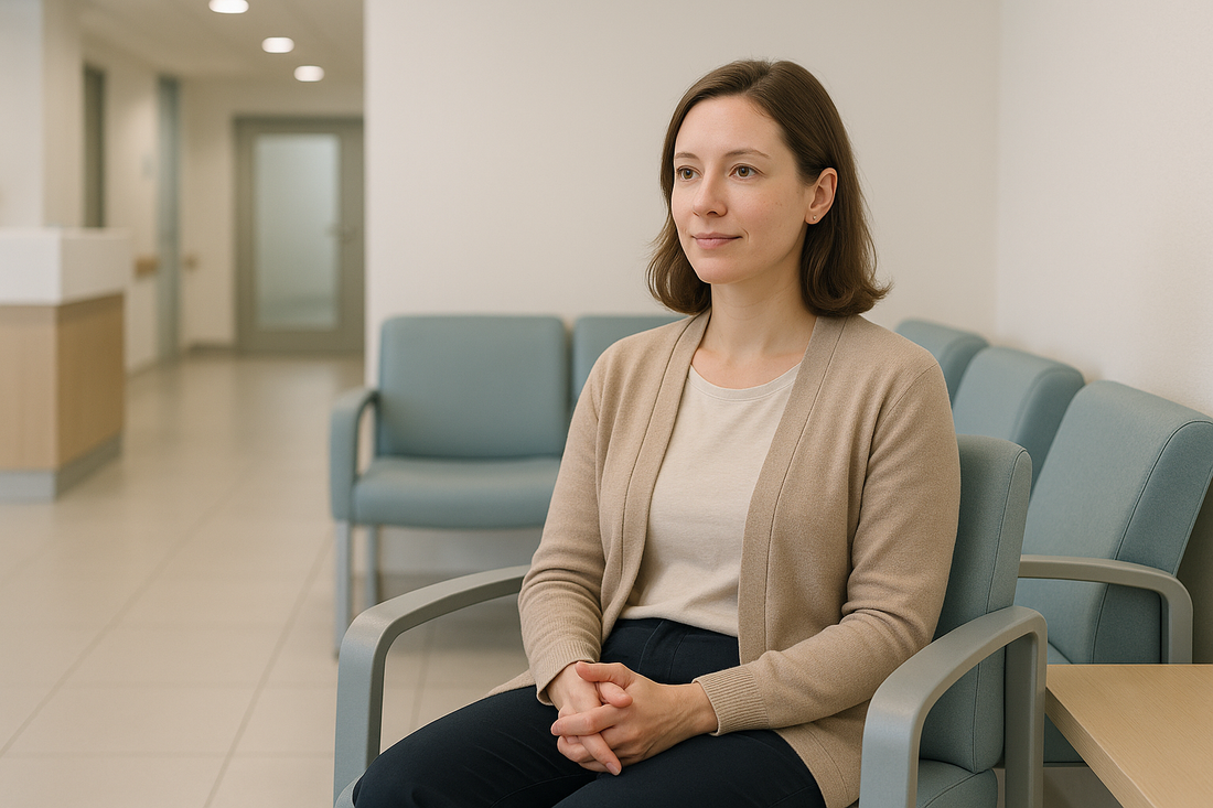 a women sitting in a ketamine clinic waiting to be seen by a doctor