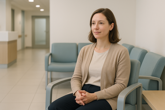 a women sitting in a ketamine clinic waiting to be seen by a doctor