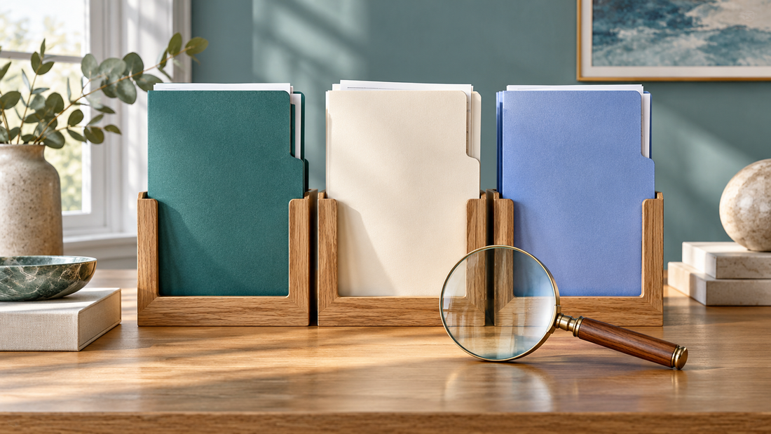 Three clearly separated document folders in teal, ivory and periwinkle standing in individual oak slots, with a plain glass lens in front.