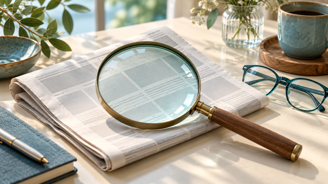 A folded unbranded newspaper with entirely blank pale gray column blocks, seen through a large circular magnifying lens lying diagonally on a warm ivory desk, teal reading glasses aside.