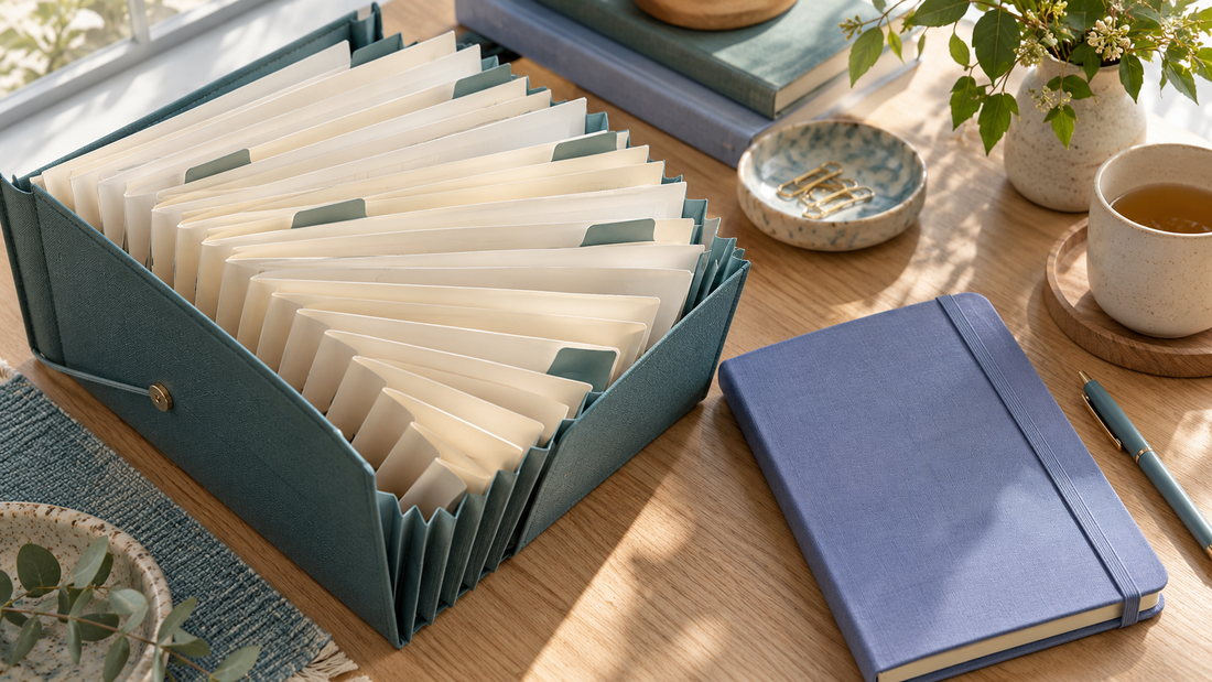An accordion file opened in a broad fan, containing many plain ivory sheets and restrained teal tabs, beside a closed periwinkle notebook.