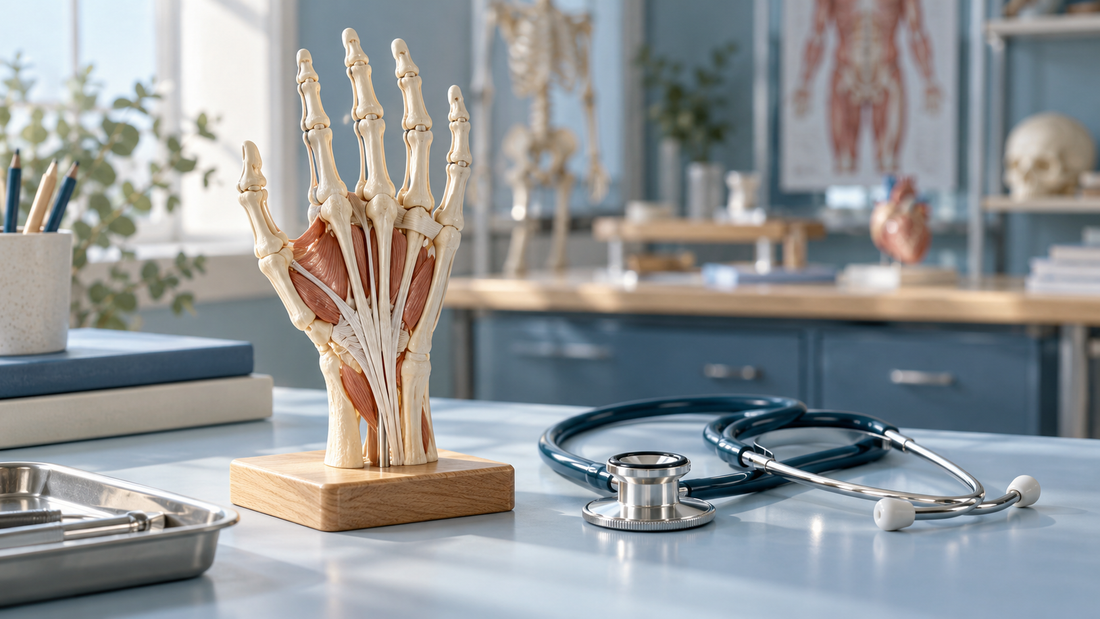 A human anatomical hand teaching model in ivory resin beside a polished stainless steel stethoscope on a pale blue work surface, softly blurred empty educational lab behind.