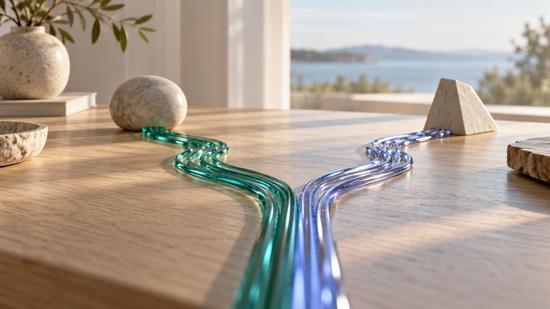 Two distinctly shaped branching paths made from slender teal and periwinkle glass rods on a pale oak table, each ending in a different plain neutral object.