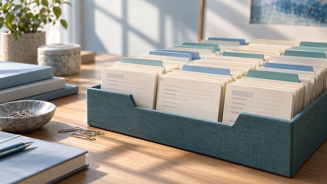 An orderly archive tray of anonymized cream study record cards with tiny unreadable gray rules and teal tabs, metal paper clips in foreground, soft shadow of a window.
