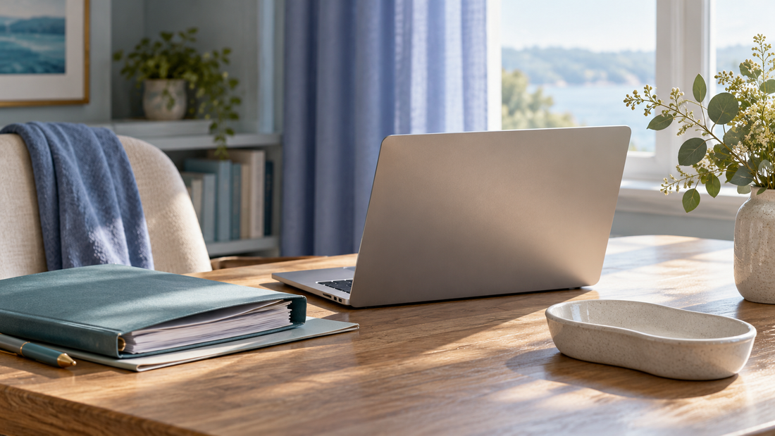 An open neutral laptop viewed from behind beside a research folder and an empty oral medicine dish on a domestic oak desk, periwinkle curtain and window light.