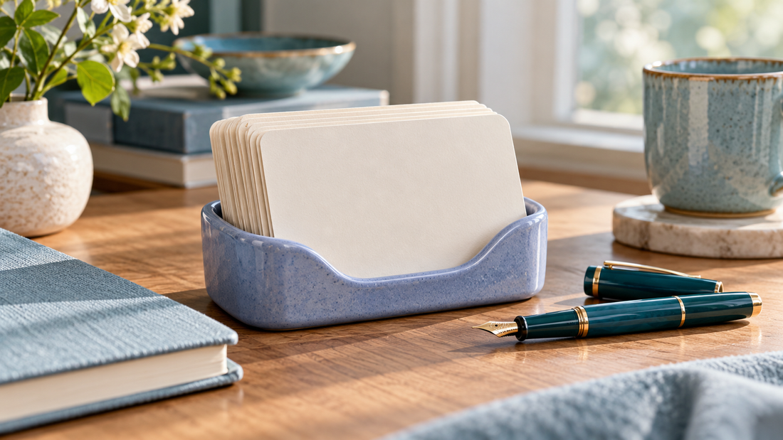 Blank cream question cards in a periwinkle holder beside a fountain pen.