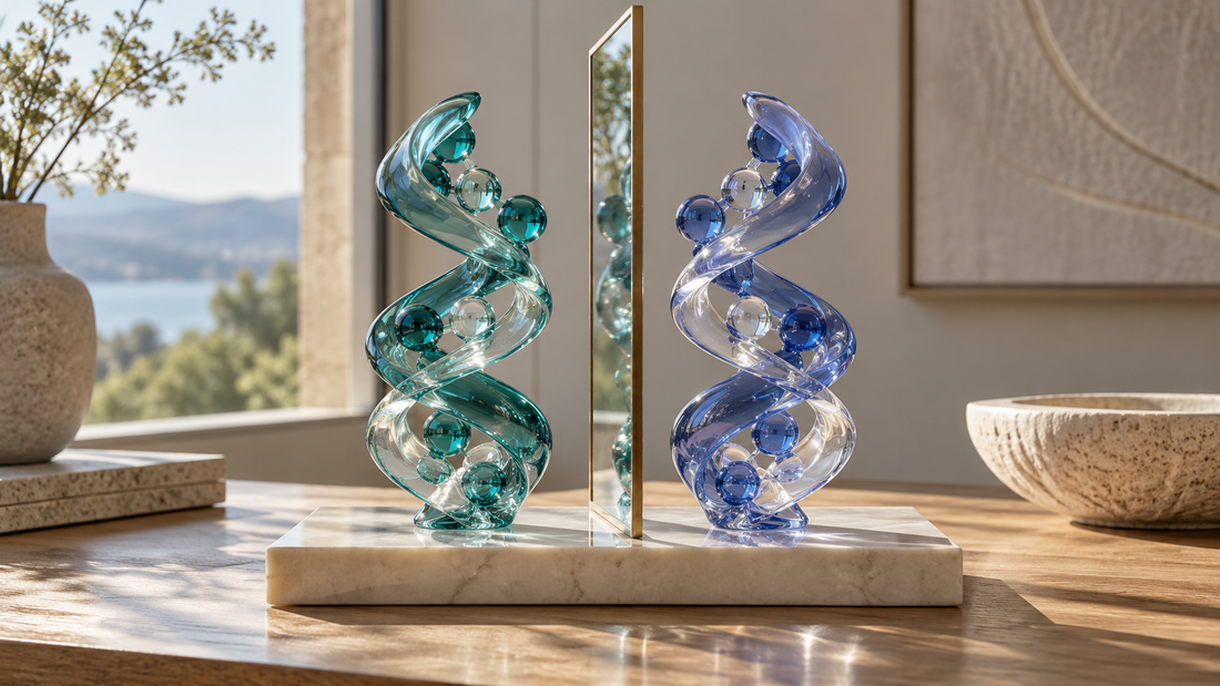 Conceptual glass helices on either side of a mirror, representing molecular handedness.