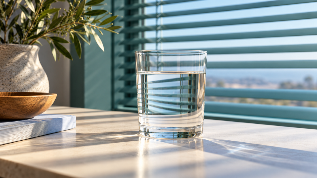A drinking glass refracting the lines of teal window blinds.
