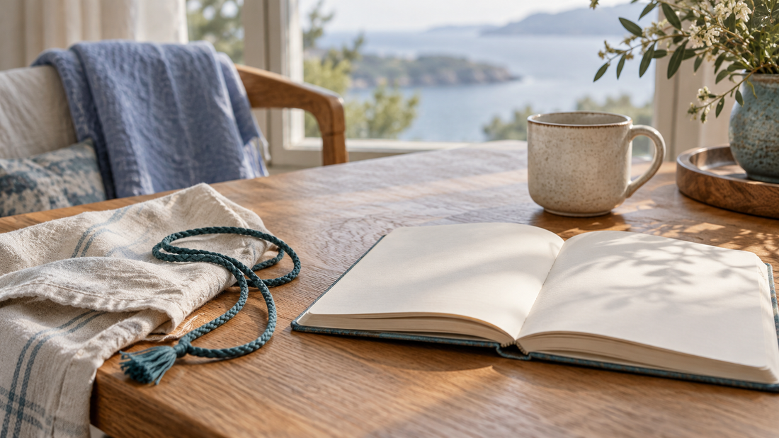 An open blank notebook beside folded linen, a teal cord and a ceramic mug.