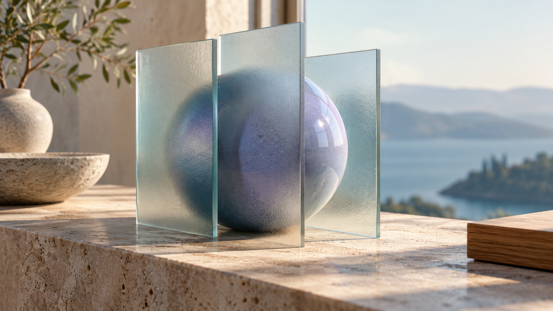 Frosted glass panels partially obscuring a periwinkle sphere as a perception metaphor.