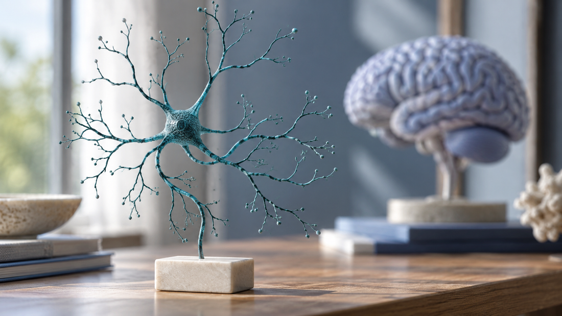 A teal neuron-inspired teaching sculpture with a blurred brain model behind it.