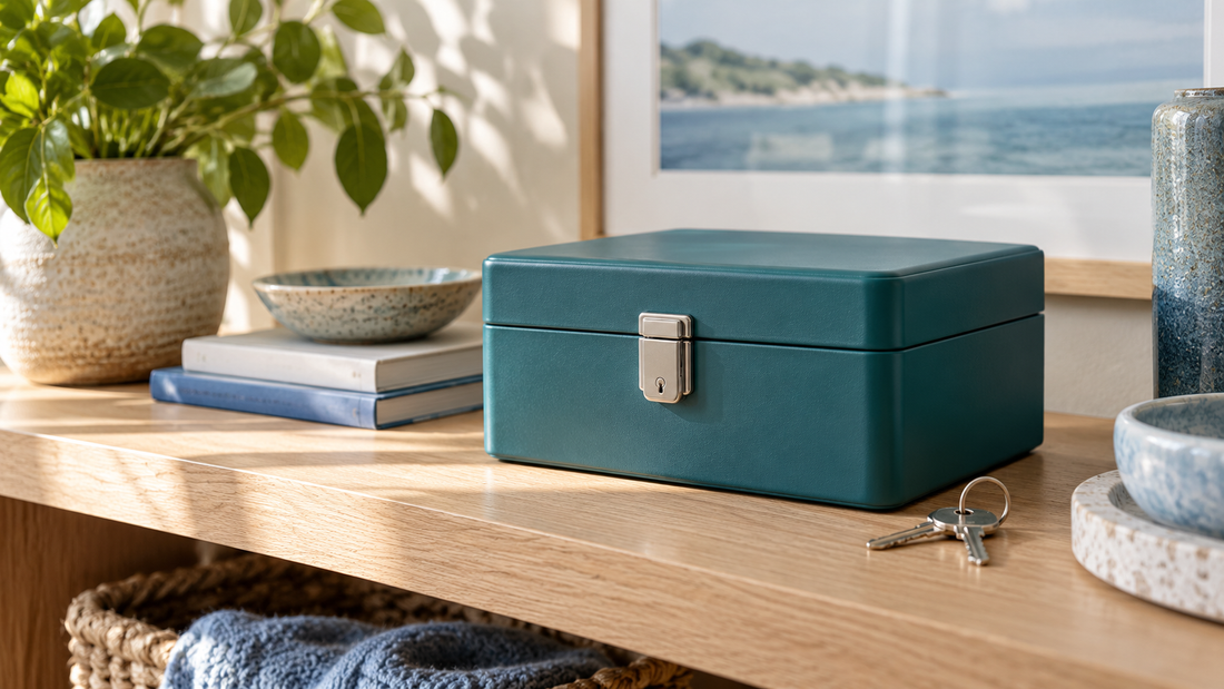 A closed teal medication lockbox with keys beside it on an oak shelf.