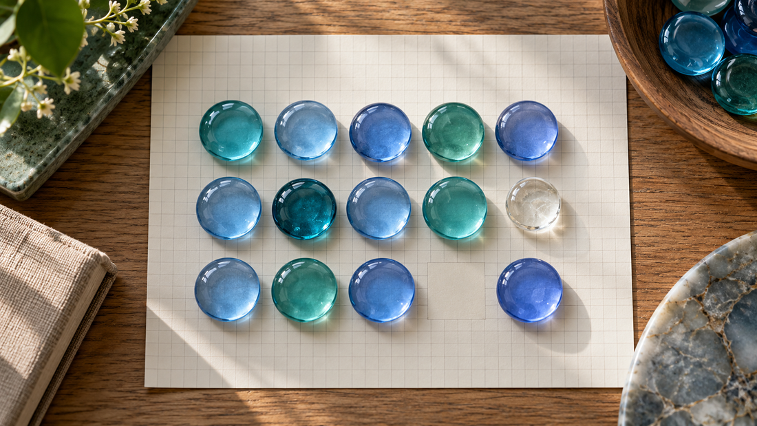 Blue and teal glass counters arranged on blank graph paper.