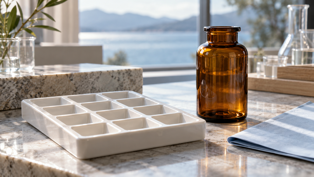 An empty square-well compounding mold beside an unlabelled amber glass vessel.
