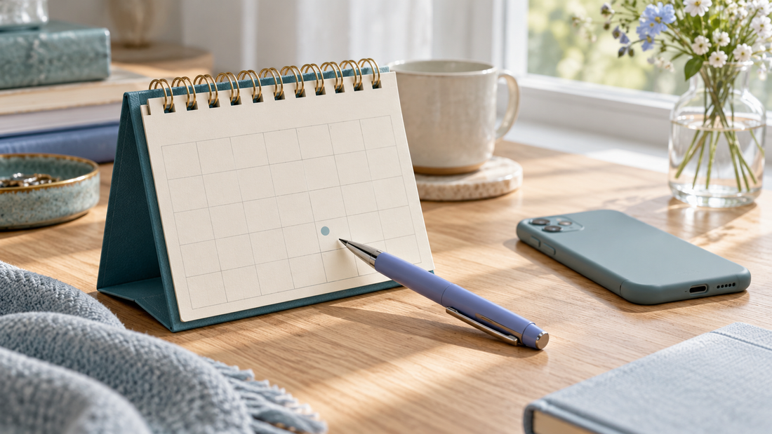 A blank desk calendar with a single marked dot beside a pen and phone.