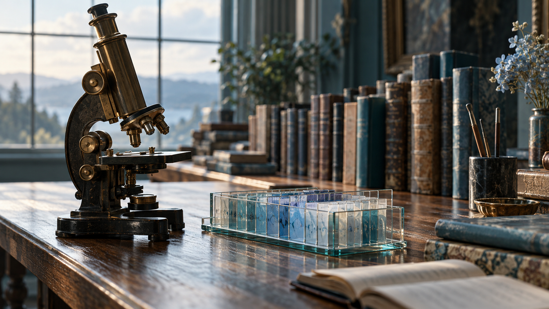 A vintage microscope beside glass slides and old reference books.