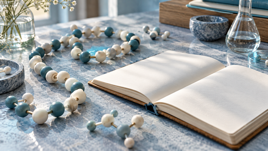 A conceptual chain of teal and ivory molecular beads beside a blank notebook.