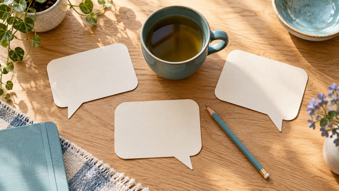 Three blank speech-bubble cards beside a teal cup and pencil on an oak table.
