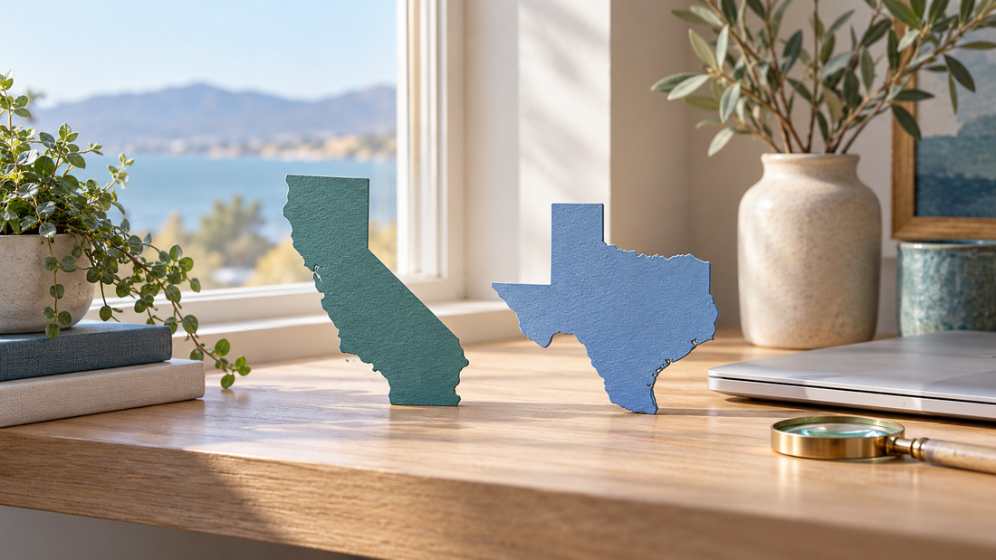 Paper silhouettes of California and Texas beside a closed laptop and magnifying glass.