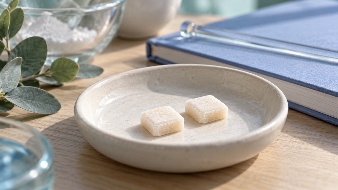 Two illustrative ivory oral troches in a ceramic dish beside a glass rod and notebook.