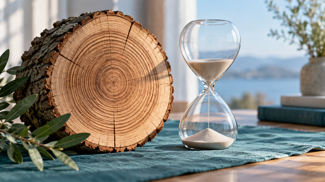 A tree-ring cross section beside a glass hourglass on teal linen.