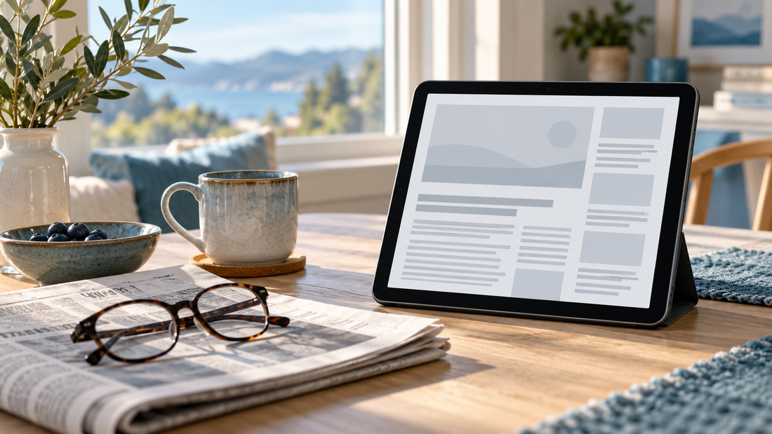 Tablet showing an abstract news layout beside newspapers and reading glasses.