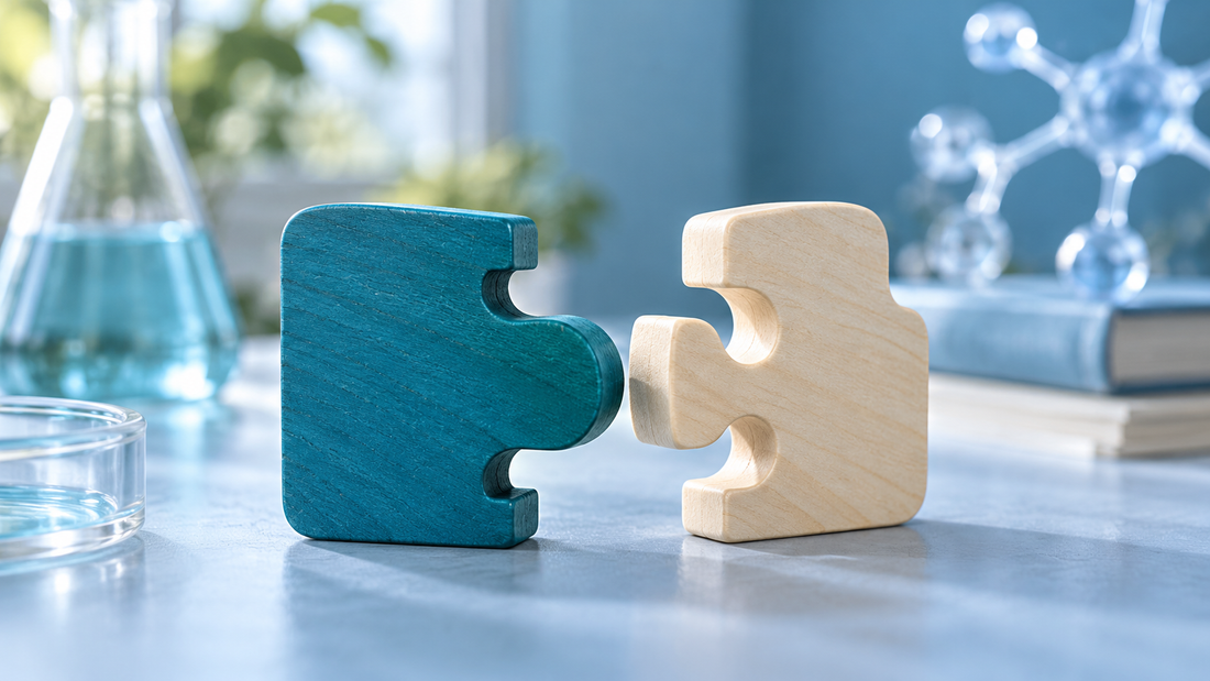 Teal and ivory wooden teaching pieces illustrating a conceptual receptor interaction.