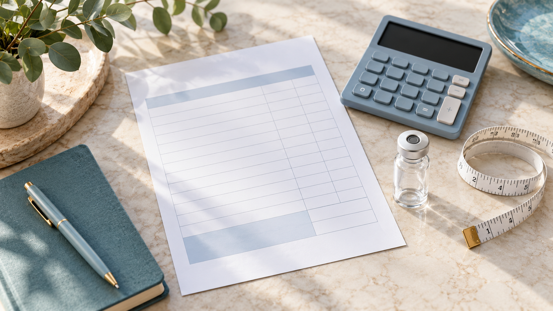 Blank estimate sheet, calculator, empty sample vial and measuring tape on ivory stone.
