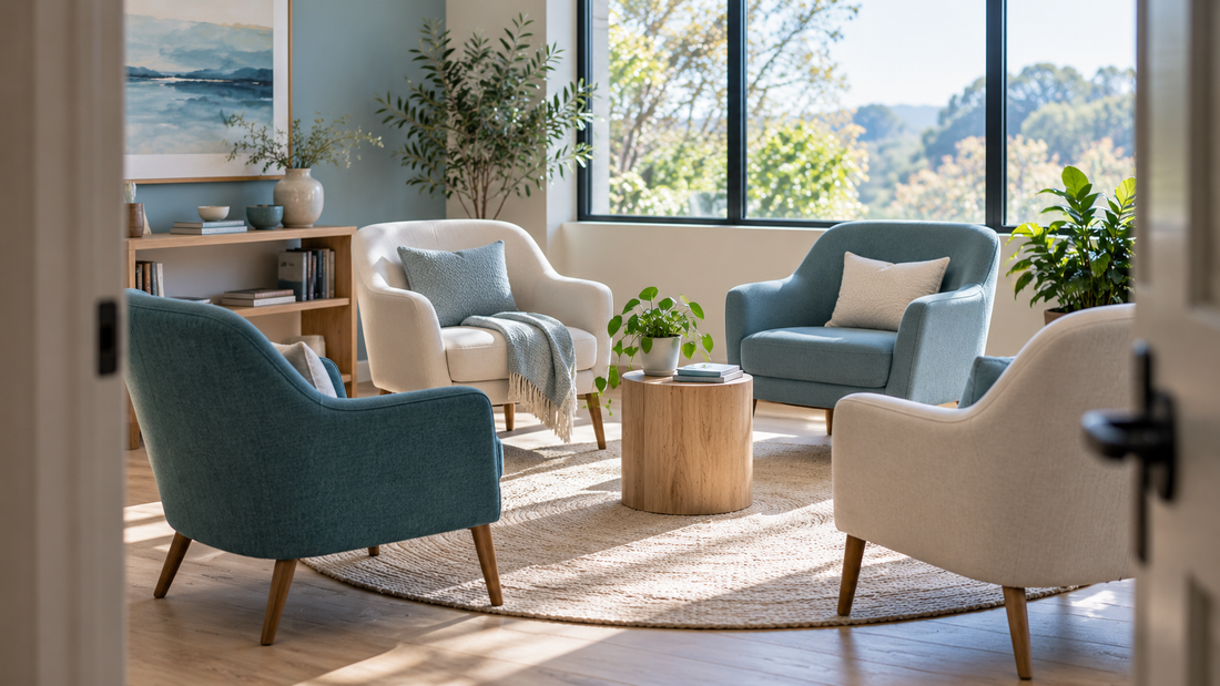 Four empty chairs arranged for a support conversation in a sunlit illustrative room.