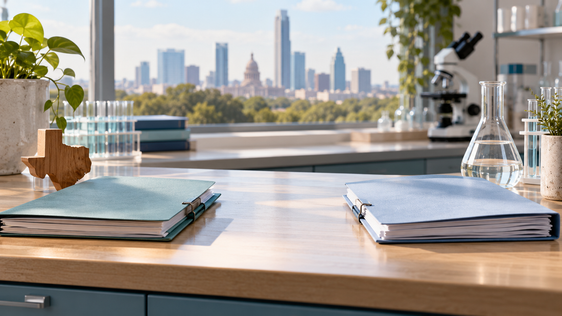 Two separated research folders with a Texas-shaped wooden paperweight and glass flask.