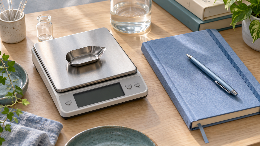 Precision laboratory scale with an empty weighing dish beside a blue notebook.