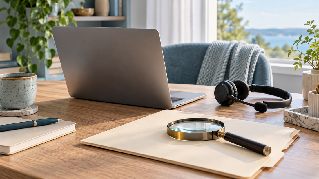 Magnifying glass on a plain folder beside an unbranded laptop and headset.