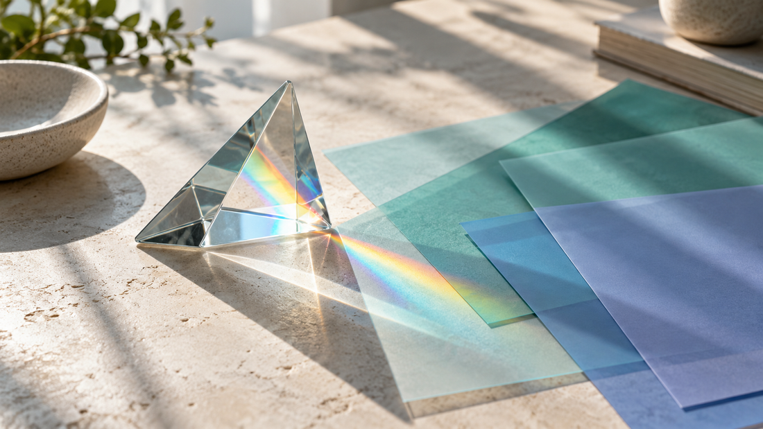 Glass prism casting a small spectrum across translucent teal and periwinkle sheets.