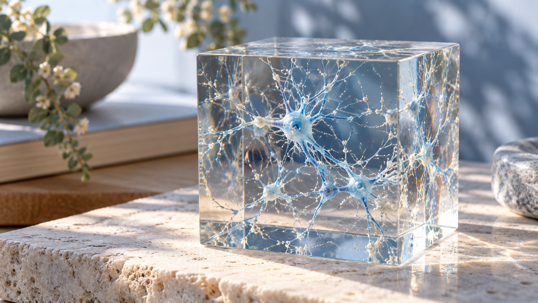 Illustrative neural network embedded in a clear teaching cube on ivory stone.