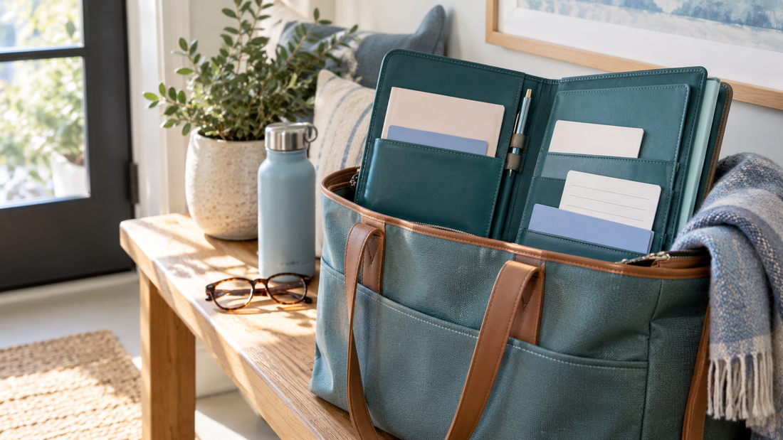 Open teal document folio and blank appointment cards in a tote on an entryway bench.