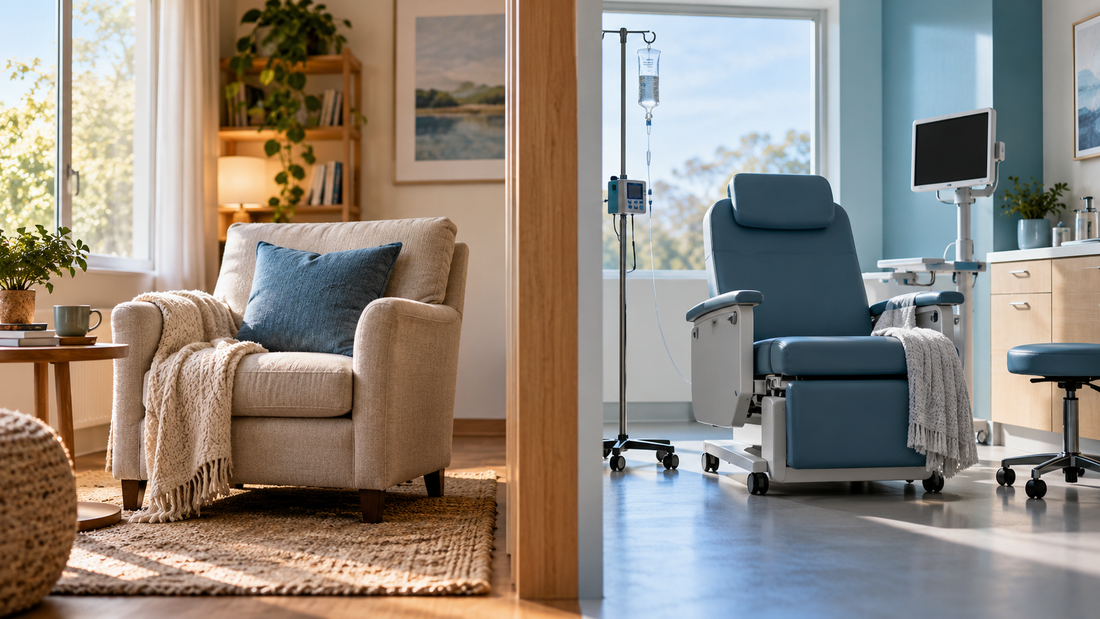 Illustrative home armchair and clinical infusion chair separated by an oak partition.
