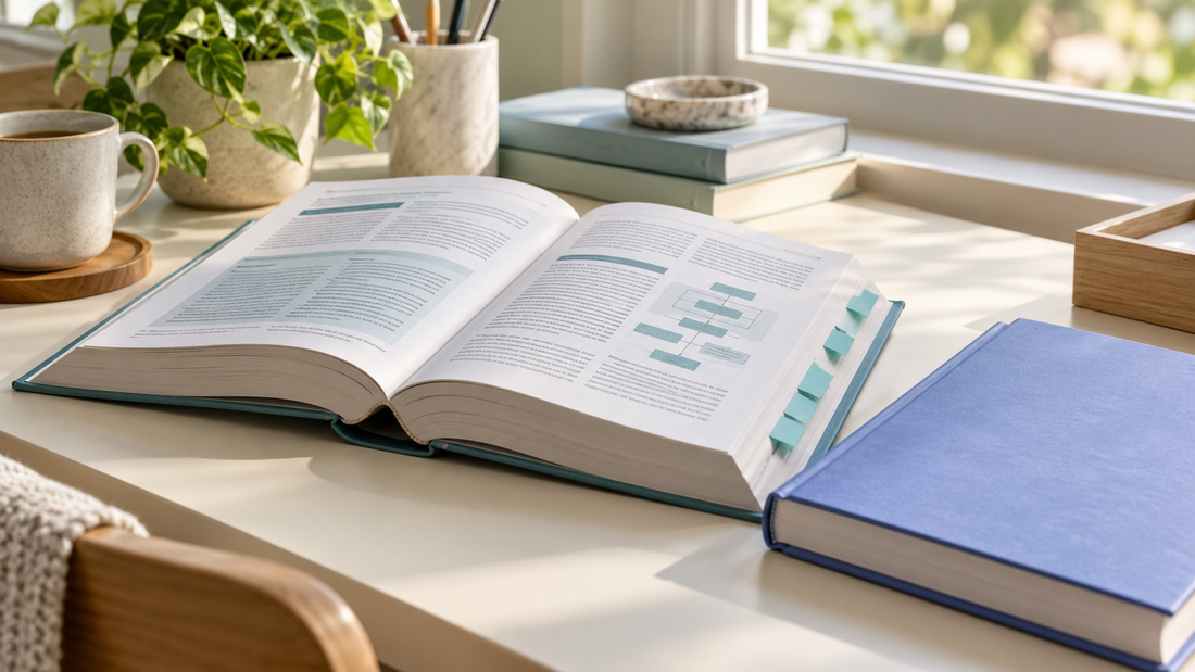 Open reference book with teal page tabs beside a closed periwinkle journal.