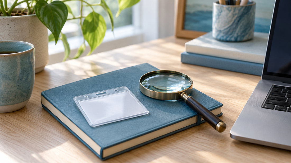 Blank identity-card sleeve and magnifying glass on a notebook beside a laptop.