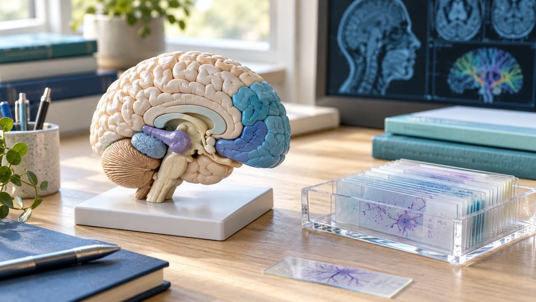 Anatomical brain teaching model beside a tray of illustrative microscope slides.