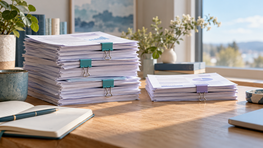 Unequal stacks of research papers held by teal and periwinkle binder clips.