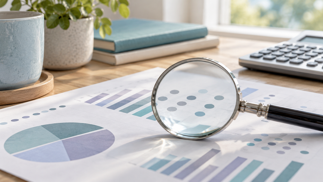 Magnifying lens over illustrative unnumbered data graphics beside a calculator.