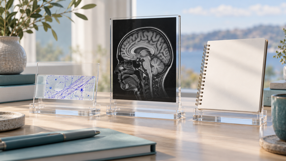 Illustrative microscope slide, brain image and blank notebook on separate display stands.