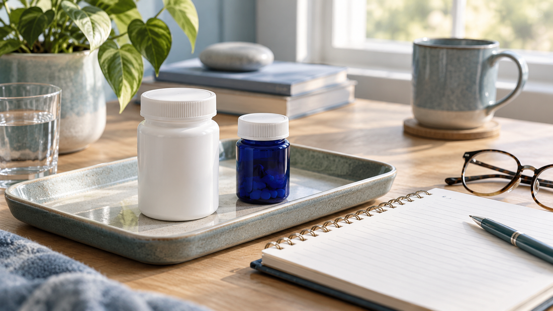 Two unbranded medicine containers beside a blank medication-list notebook and glasses.