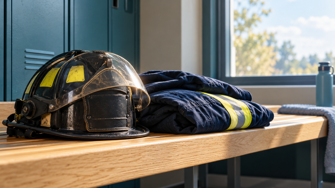 Firefighter helmet and folded navy work jacket on a sunlit oak locker-room bench.